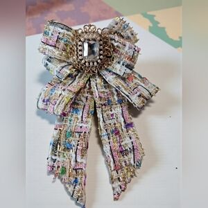 Multicolor Tweed Bow Brooch with Gemstone Accent